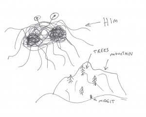 The Flying Spaghetti Monster hovers over the trees mountain and migit
